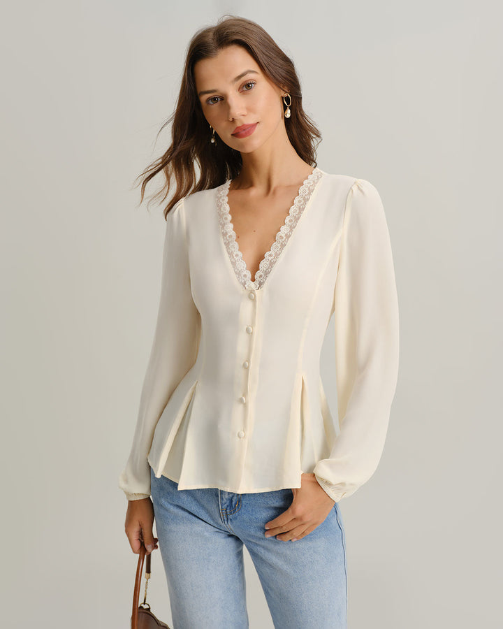 SALE | Peach Lace Blouse with V-Neck and Lantern Sleeves