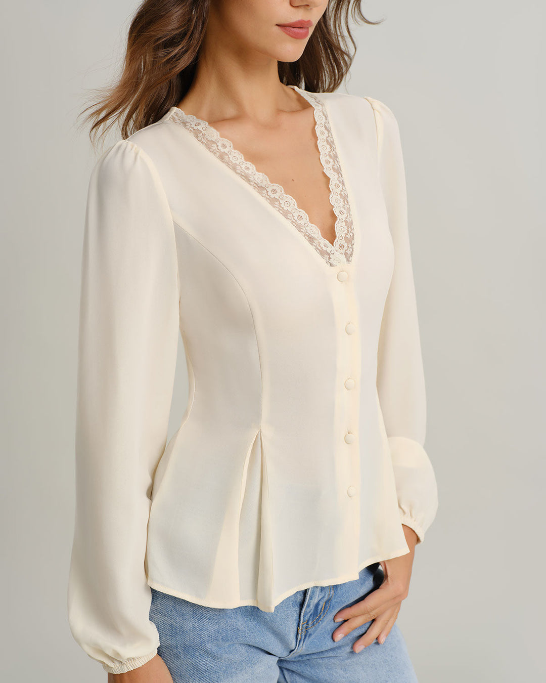 SALE | Peach Lace Blouse with V-Neck and Lantern Sleeves