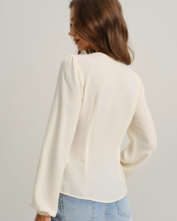 SALE | Peach Lace Blouse with V-Neck and Lantern Sleeves