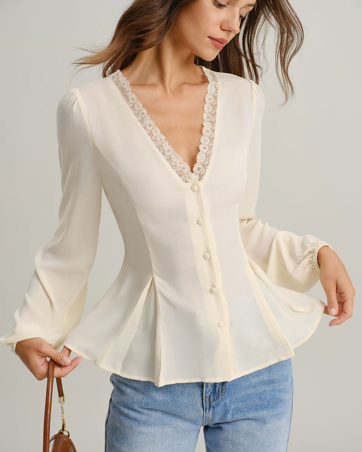 SALE | Peach Lace Blouse with V-Neck and Lantern Sleeves