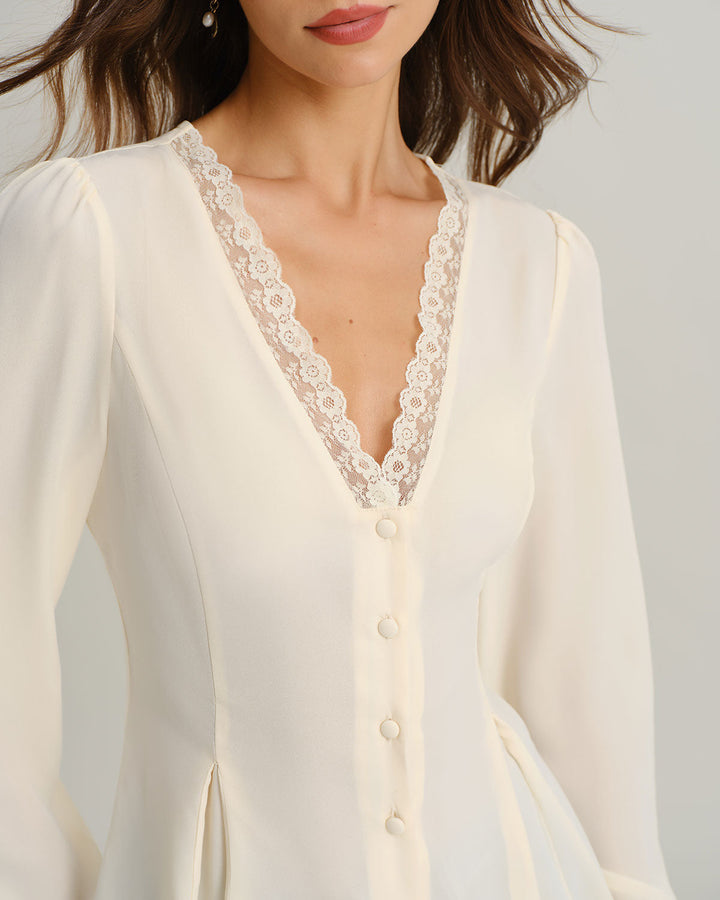 SALE | Peach Lace Blouse with V-Neck and Lantern Sleeves