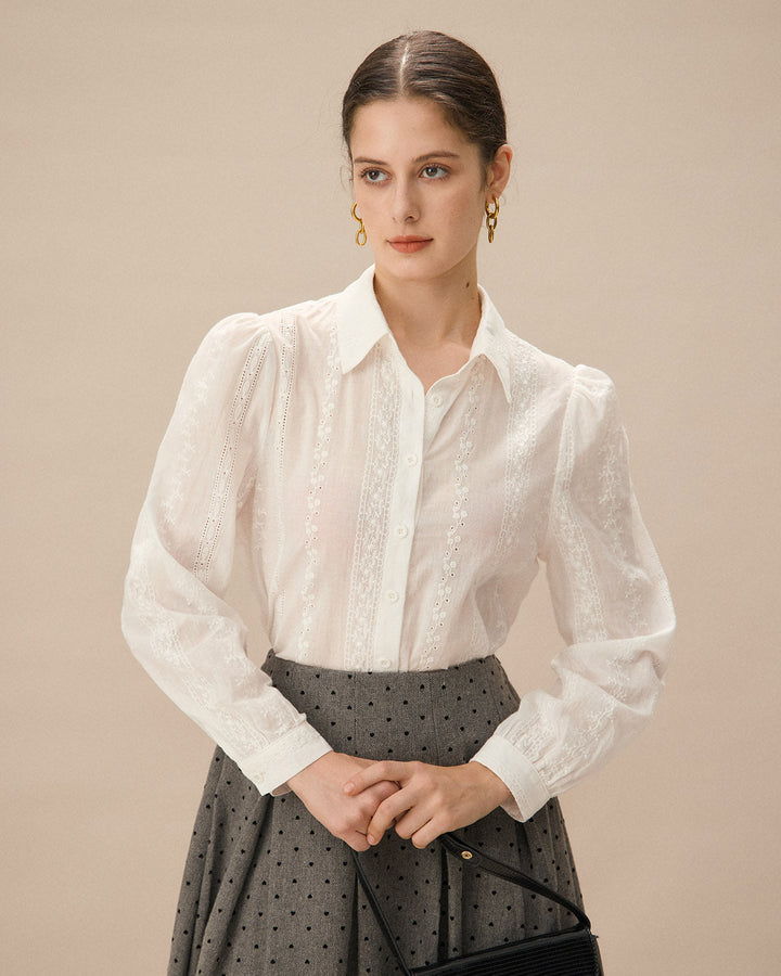 SALE | Elegant White Jacquard Button-Up Shirt for a Sophisticated Look