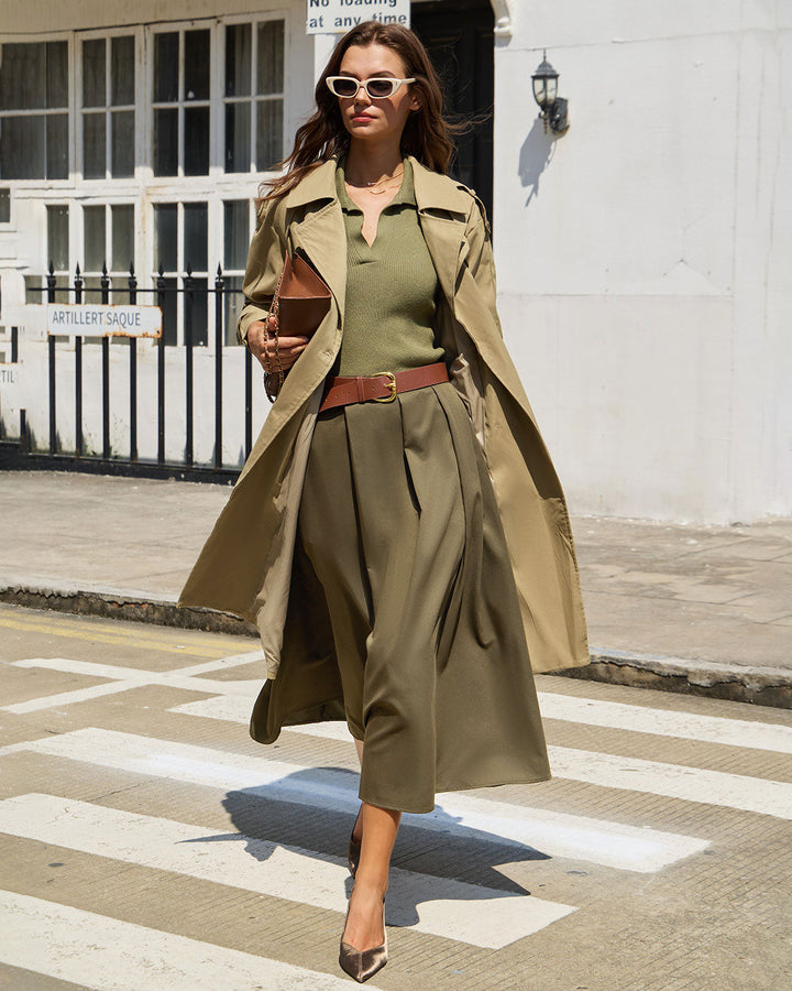 SALE | Army Green Pleated A-Line Midi Skirt