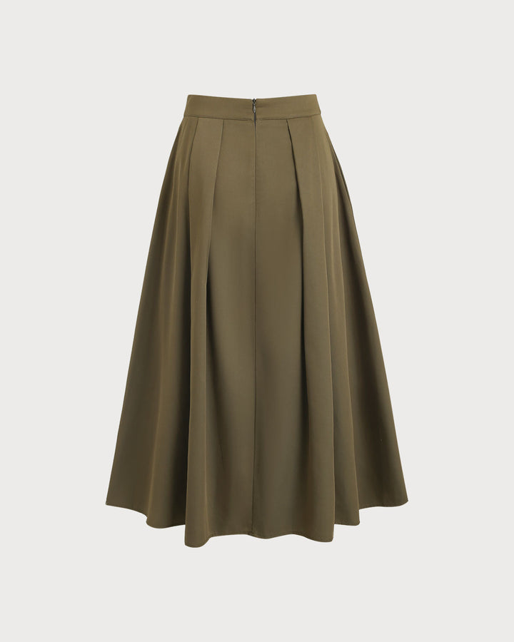 SALE | Army Green Pleated A-Line Midi Skirt