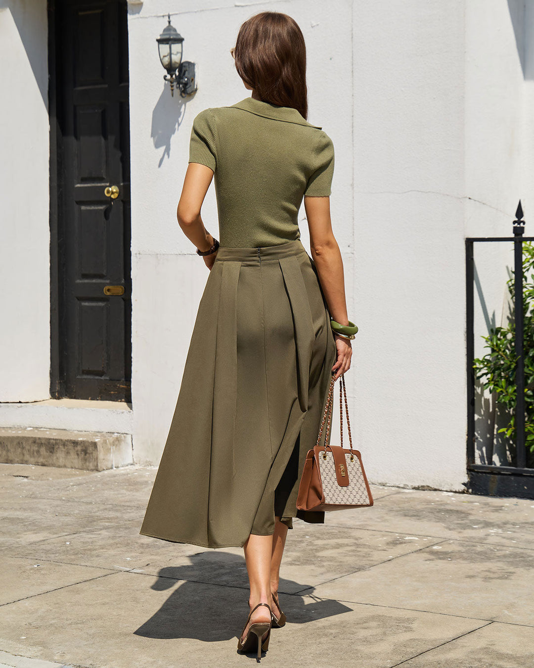 SALE | Army Green Pleated A-Line Midi Skirt