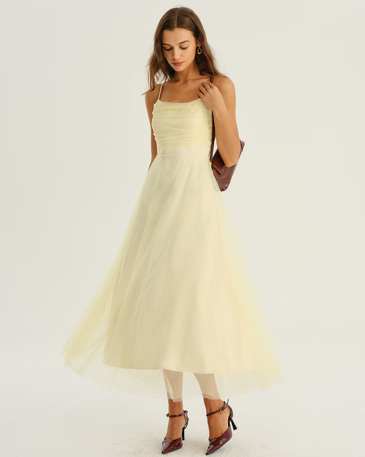 SALE | Beige Mesh Flowy Slip Midi Dress