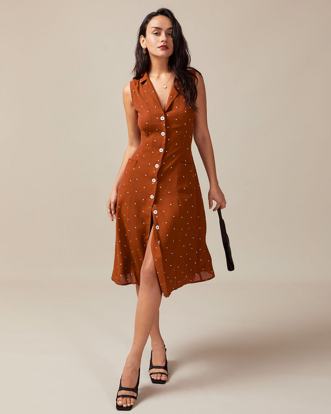 SALE | Brown Polka Dot Sleeveless Midi Dress