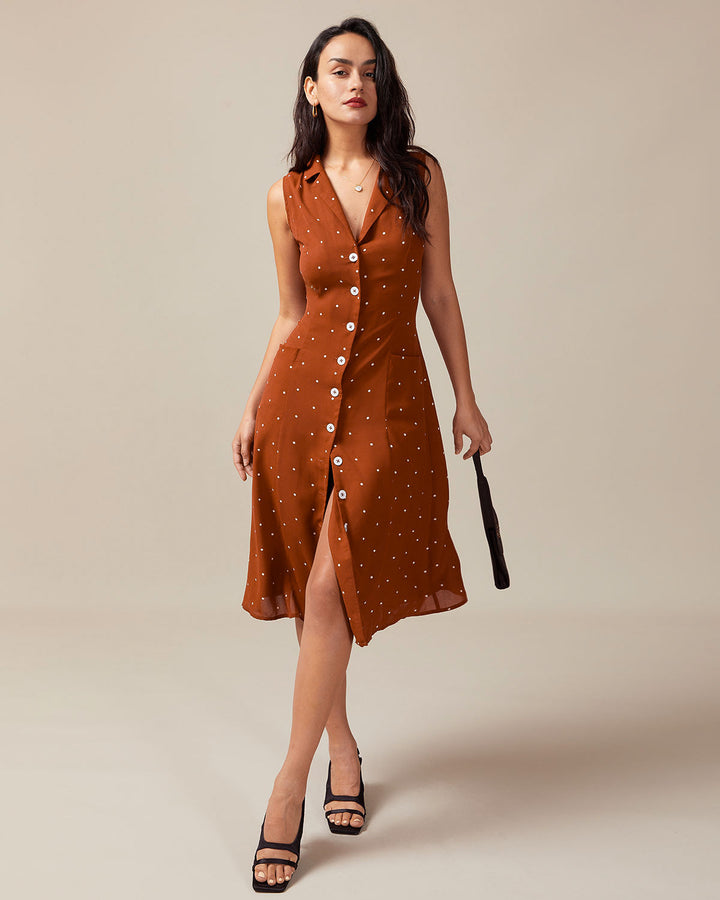 SALE | Brown Polka Dot Sleeveless Midi Dress