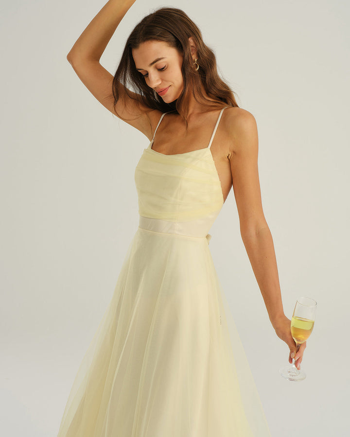 SALE | Beige Mesh Flowy Slip Midi Dress