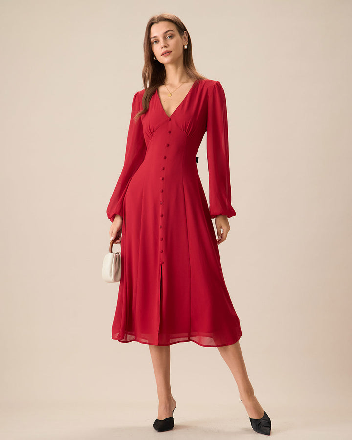 SALE | Elegant Women's Red V-Neck Puff Sleeve Slit Midi Dress for a Chic and Stylish Look