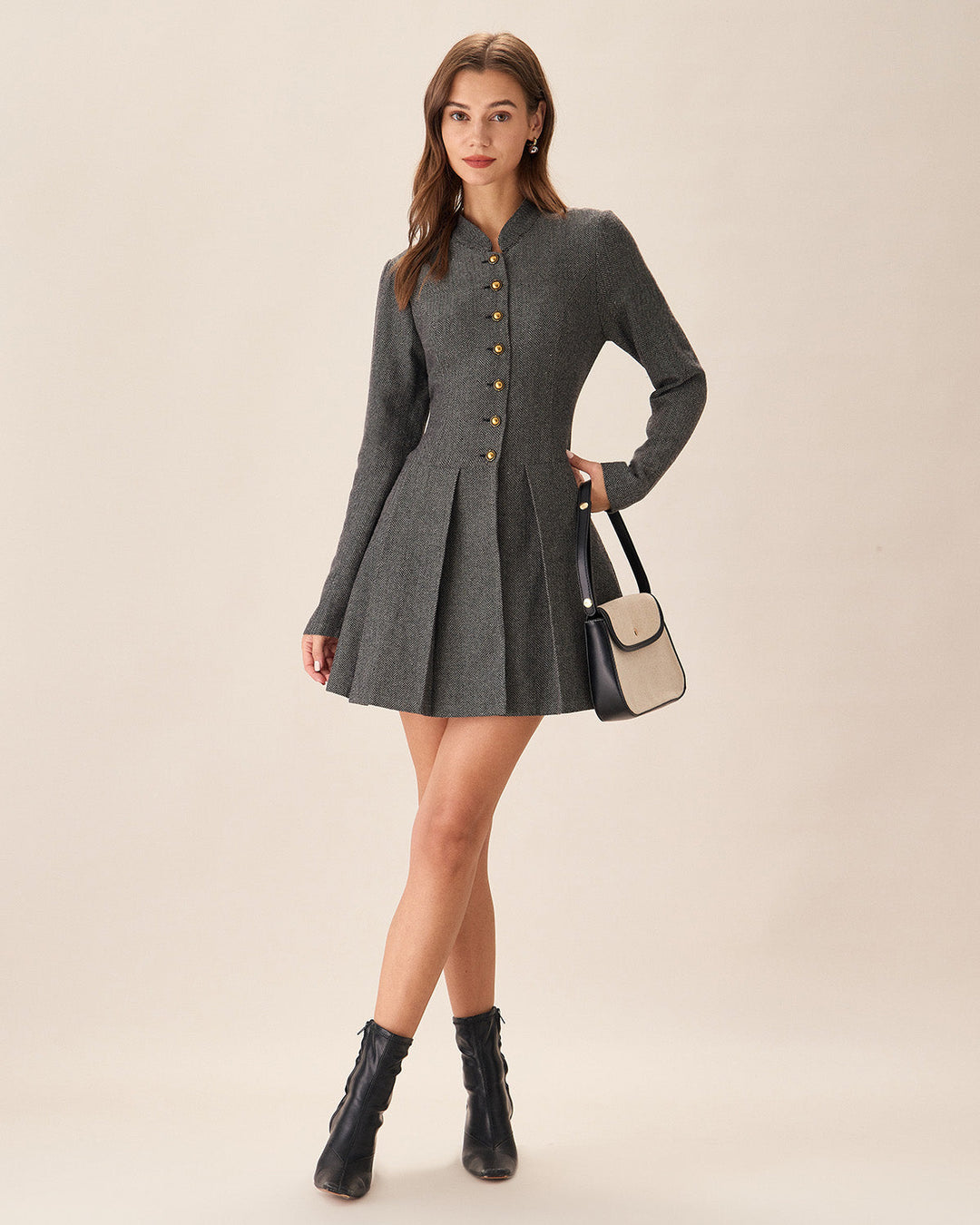 SALE | Elegant Gray Buttoned Pleated Mini Dress