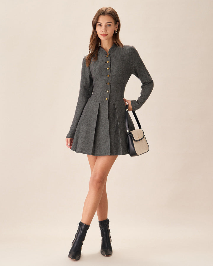 SALE | Elegant Gray Buttoned Pleated Mini Dress