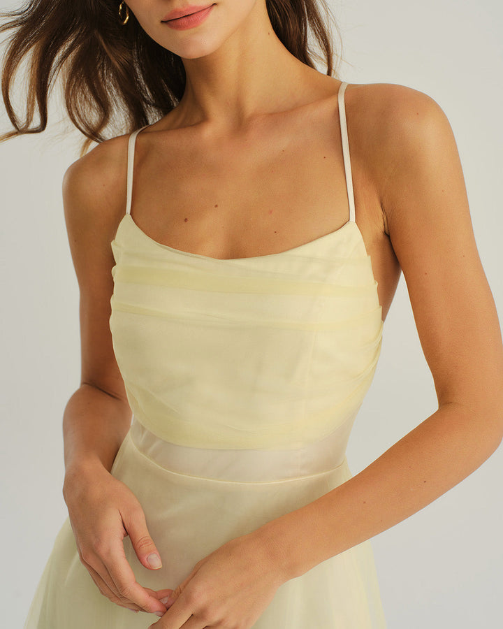 SALE | Beige Mesh Flowy Slip Midi Dress