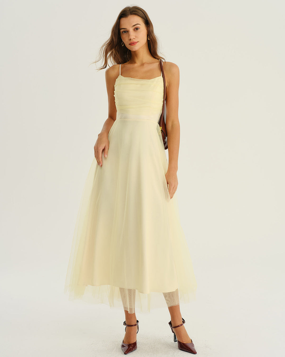 SALE | Beige Mesh Flowy Slip Midi Dress
