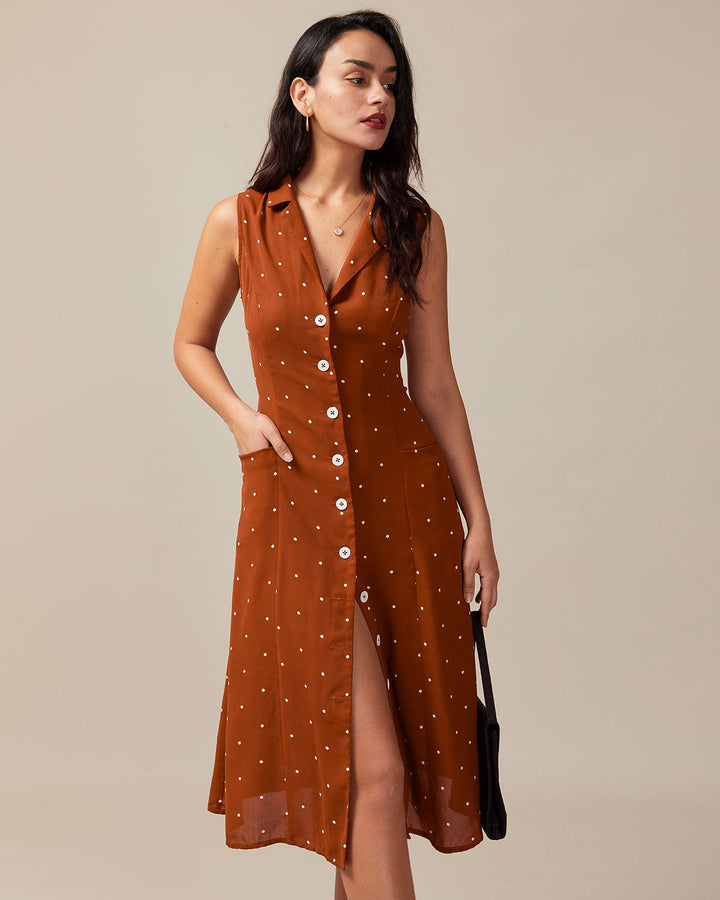 SALE | Brown Polka Dot Sleeveless Midi Dress