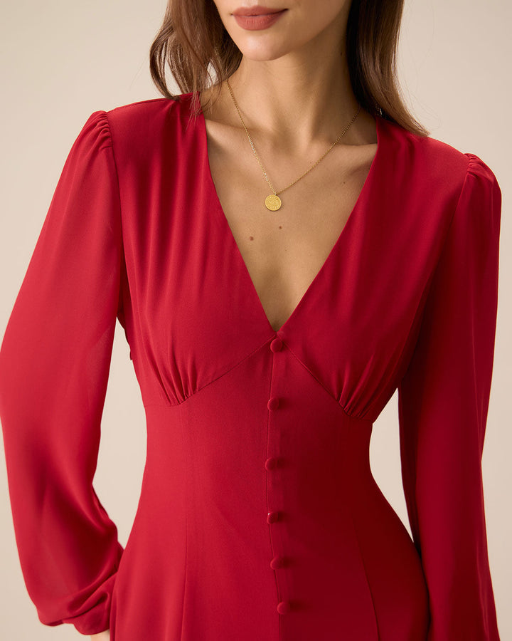SALE | Elegant Women's Red V-Neck Puff Sleeve Slit Midi Dress for a Chic and Stylish Look