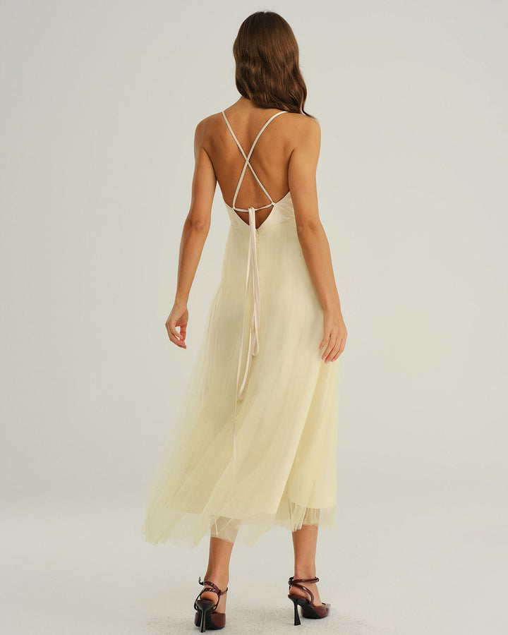 SALE | Beige Mesh Flowy Slip Midi Dress