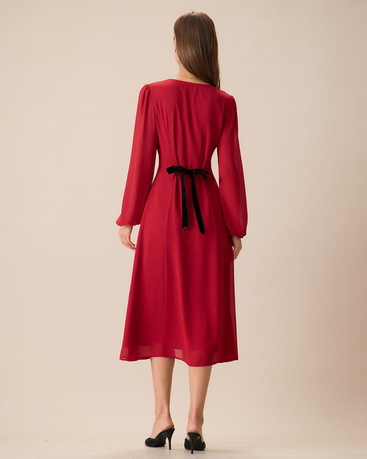 SALE | Elegant Women's Red V-Neck Puff Sleeve Slit Midi Dress for a Chic and Stylish Look
