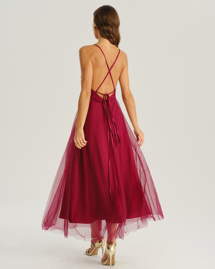 SALE | Wine Red Mesh Flowy Slip Midi Dress