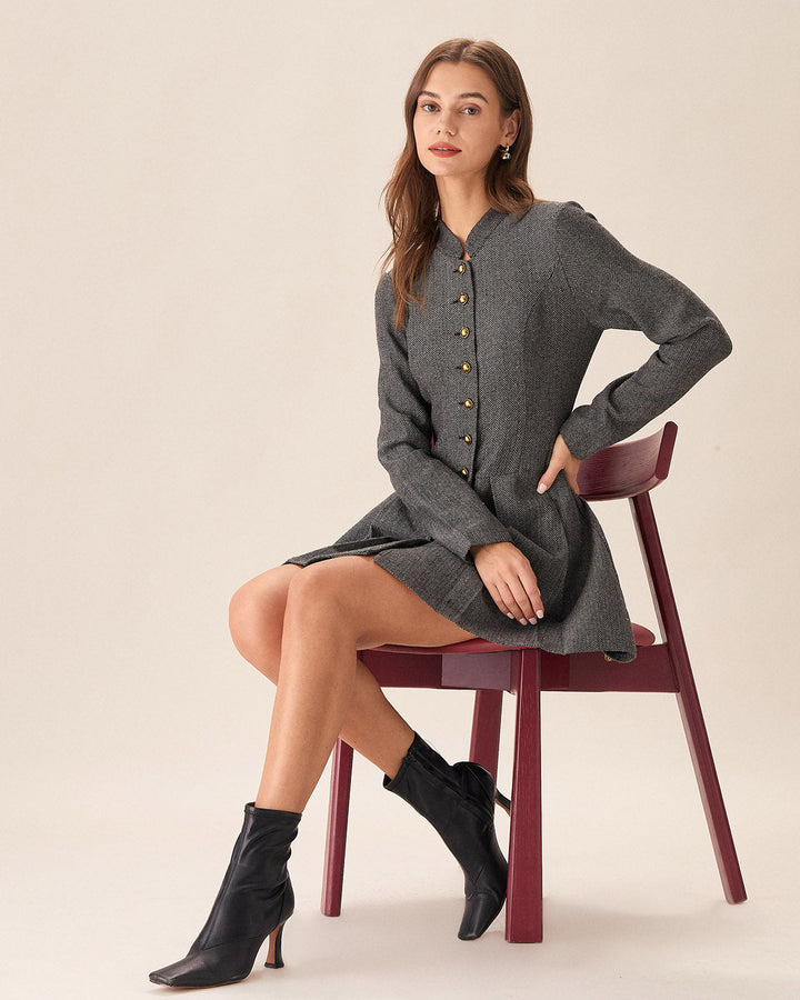 SALE | Elegant Gray Buttoned Pleated Mini Dress