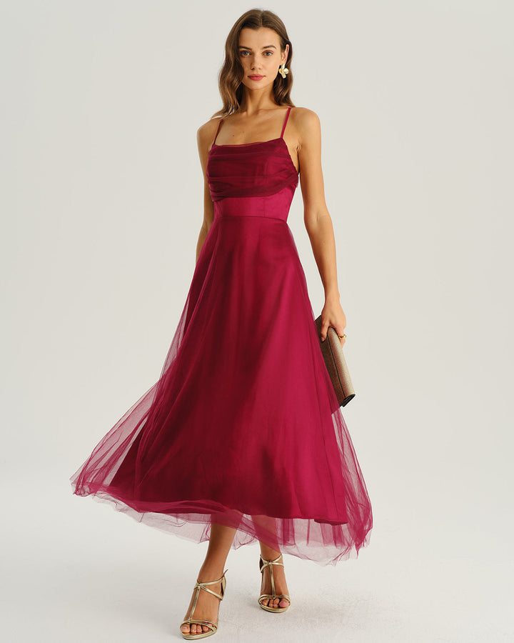 SALE | Wine Red Mesh Flowy Slip Midi Dress