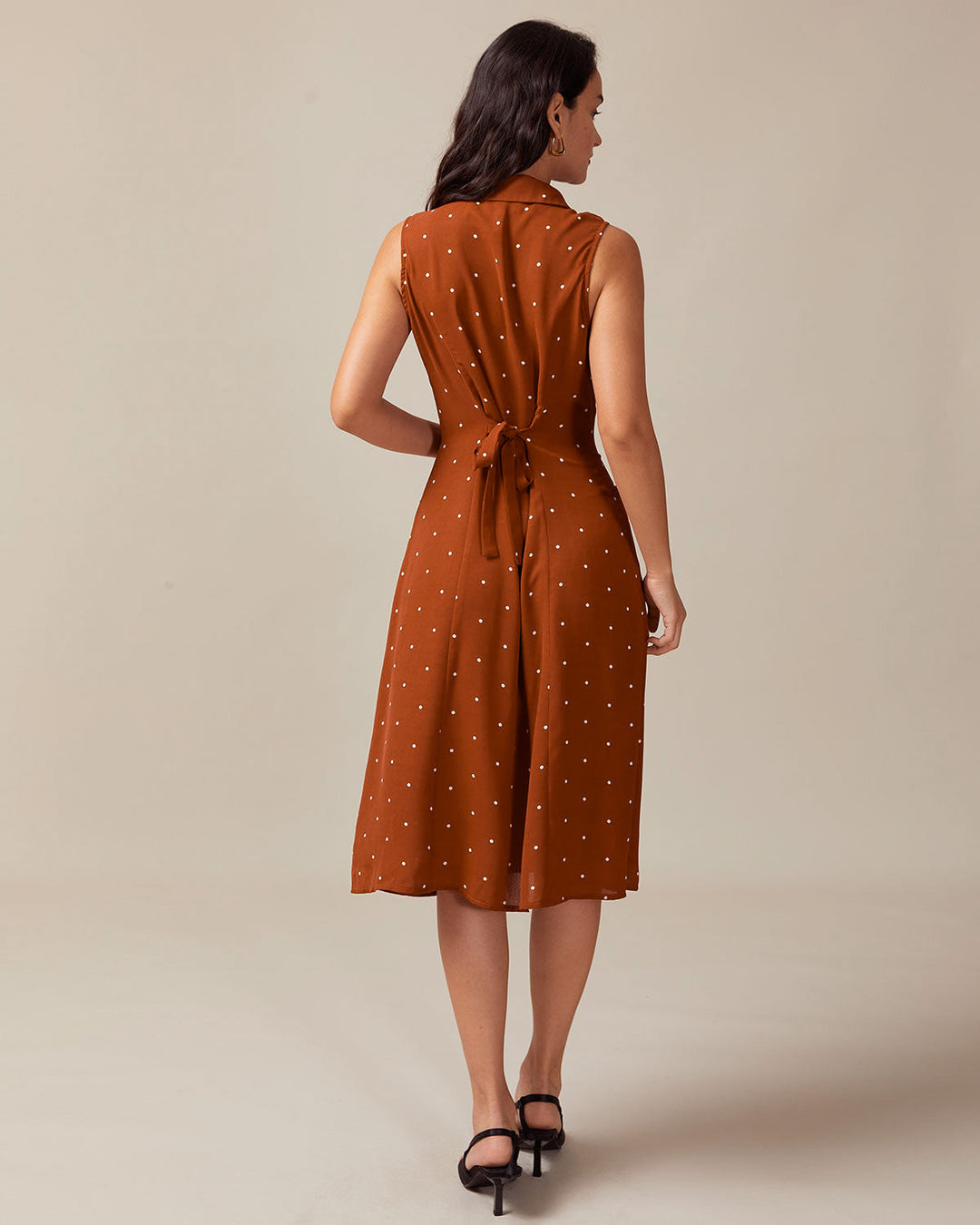 SALE | Brown Polka Dot Sleeveless Midi Dress