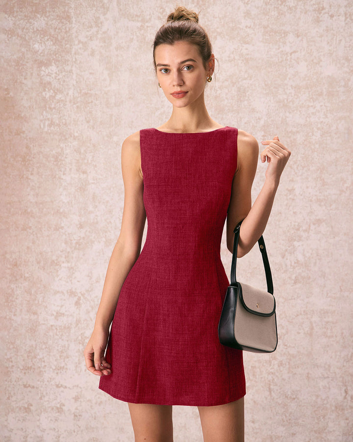 SALE | Red Boat Neck A-Line Sleeveless Mini Dress