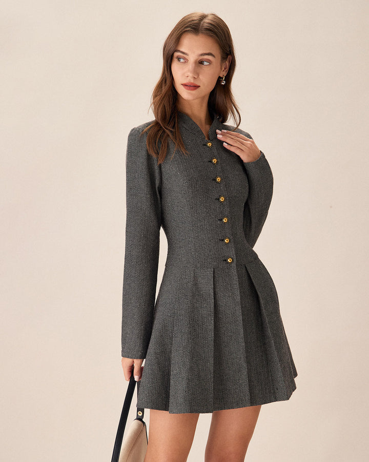 SALE | Elegant Gray Buttoned Pleated Mini Dress