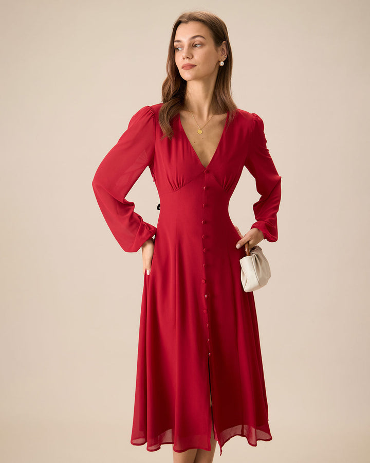 SALE | Elegant Women's Red V-Neck Puff Sleeve Slit Midi Dress for a Chic and Stylish Look