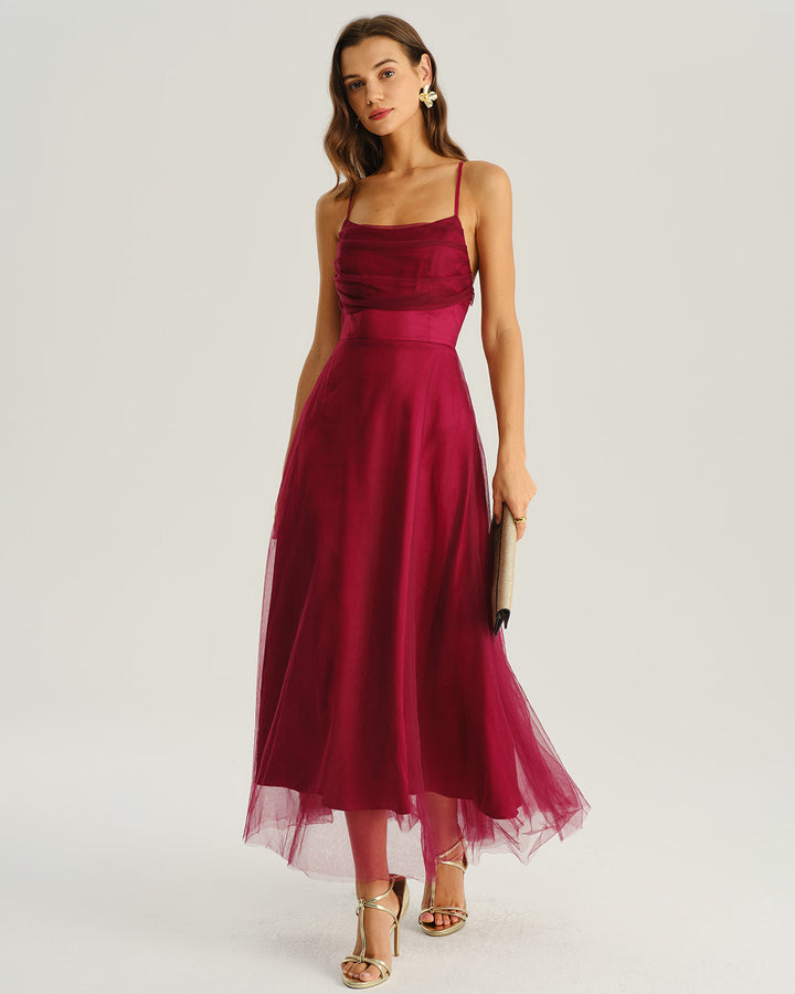 SALE | Wine Red Mesh Flowy Slip Midi Dress