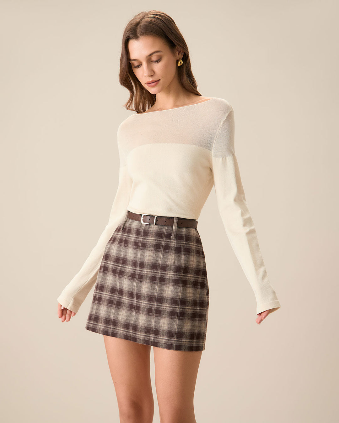 SALE | Straight Mini Plaid Skirt in Brown Tone