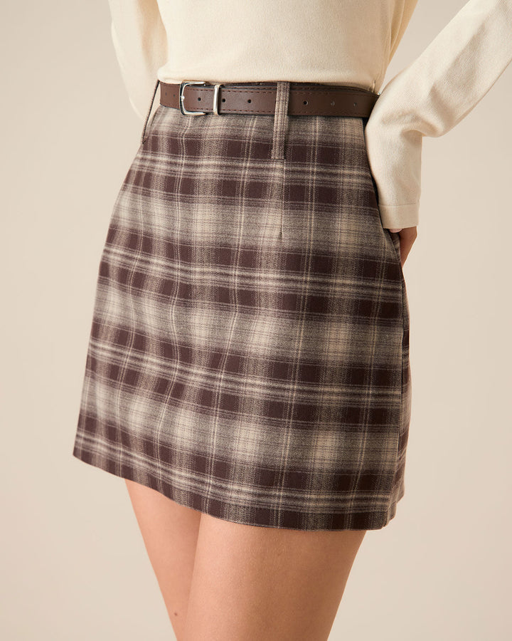 SALE | Straight Mini Plaid Skirt in Brown Tone
