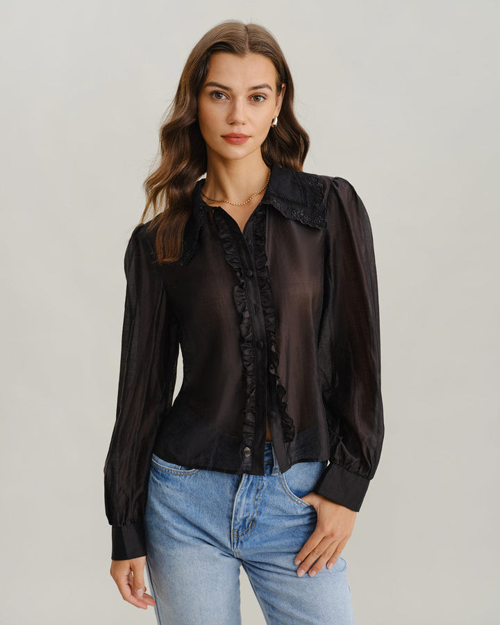 SALE | Black Lantern Sleeve Ruffle Shirt