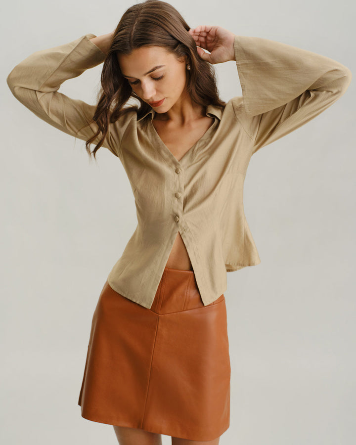 SALE | Chic Khaki V-Neck Bell Sleeve Blouse for a Stylish Look