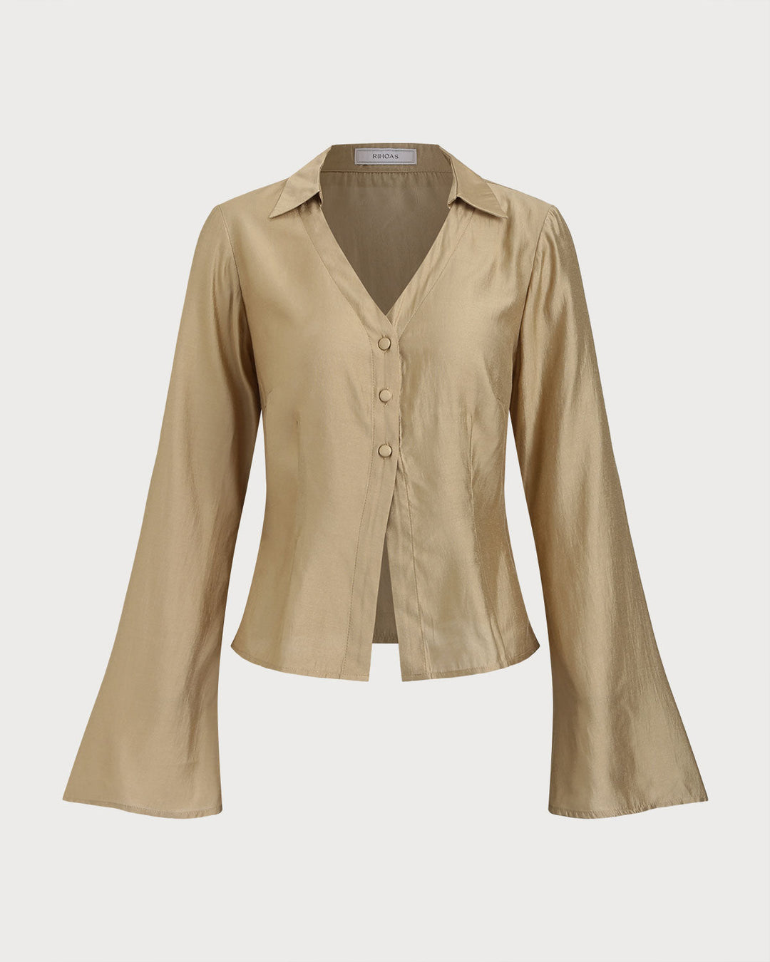 SALE | Chic Khaki V-Neck Bell Sleeve Blouse for a Stylish Look