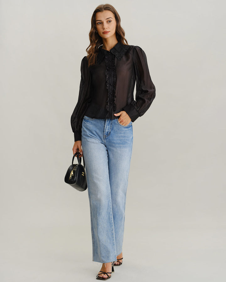 SALE | Black Lantern Sleeve Ruffle Shirt