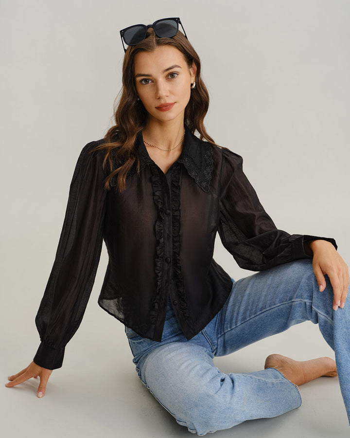 SALE | Black Lantern Sleeve Ruffle Shirt