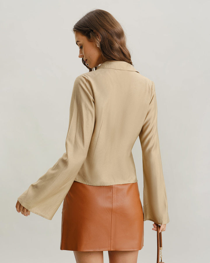SALE | Chic Khaki V-Neck Bell Sleeve Blouse for a Stylish Look