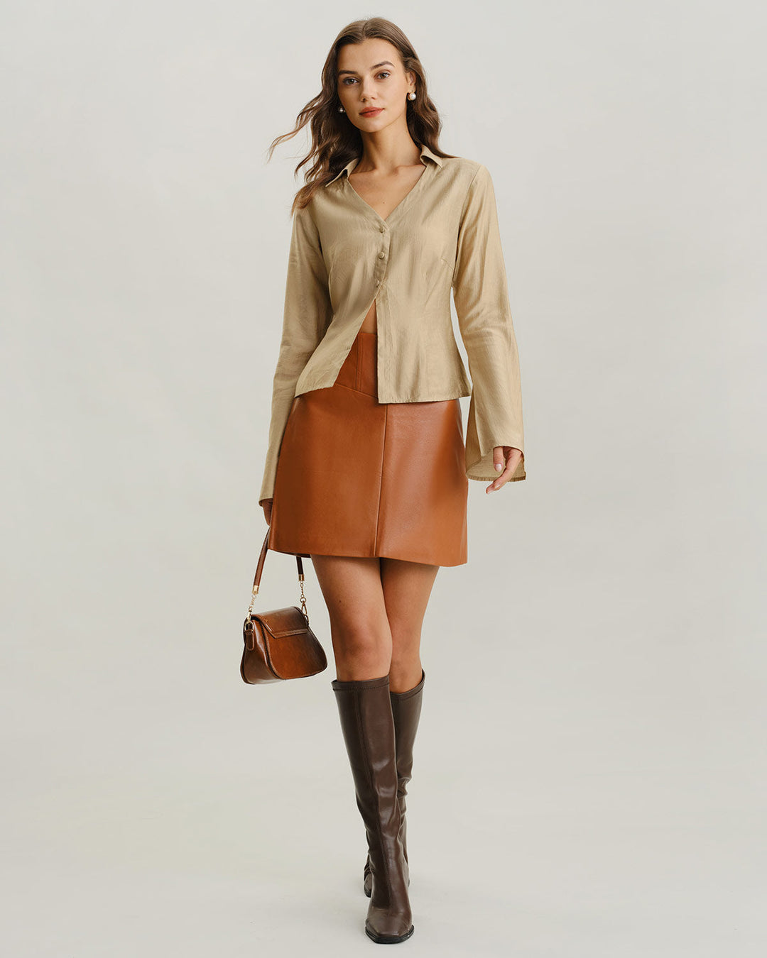 SALE | Chic Khaki V-Neck Bell Sleeve Blouse for a Stylish Look