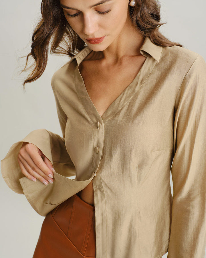 SALE | Chic Khaki V-Neck Bell Sleeve Blouse for a Stylish Look