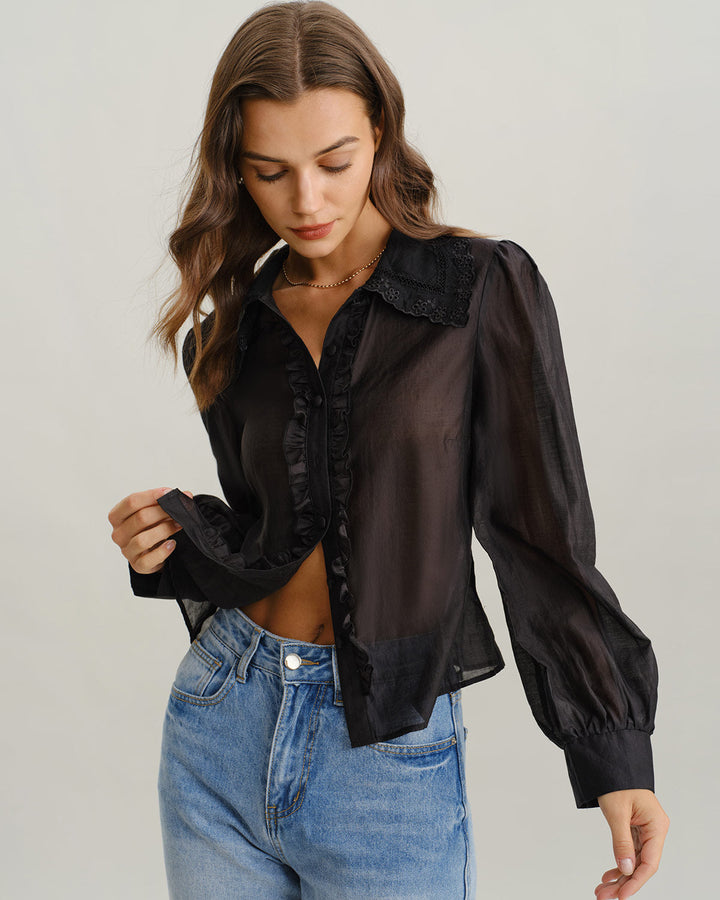 SALE | Black Lantern Sleeve Ruffle Shirt