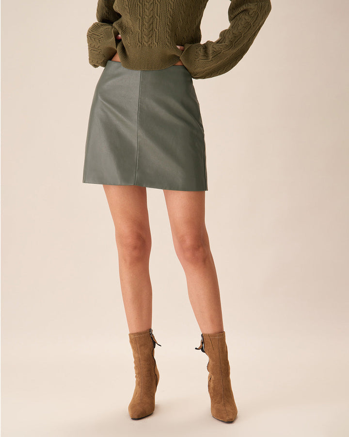 SALE | Elegant High-Waisted Green Faux Leather Mini Skirt