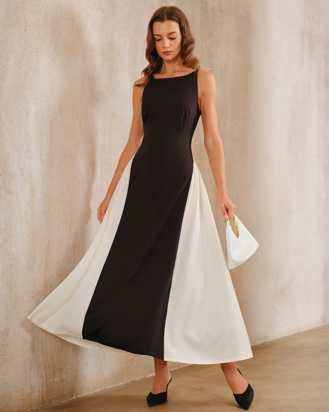 SALE | Black Contrasting Boat Neck A-Line Maxi Dress