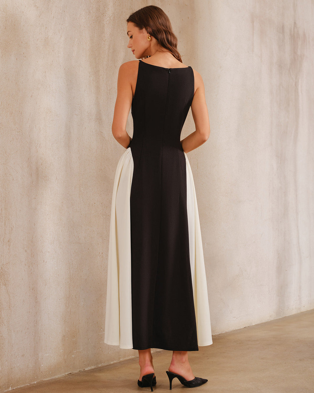 SALE | Black Contrasting Boat Neck A-Line Maxi Dress