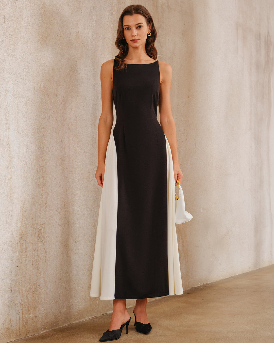 SALE | Black Contrasting Boat Neck A-Line Maxi Dress
