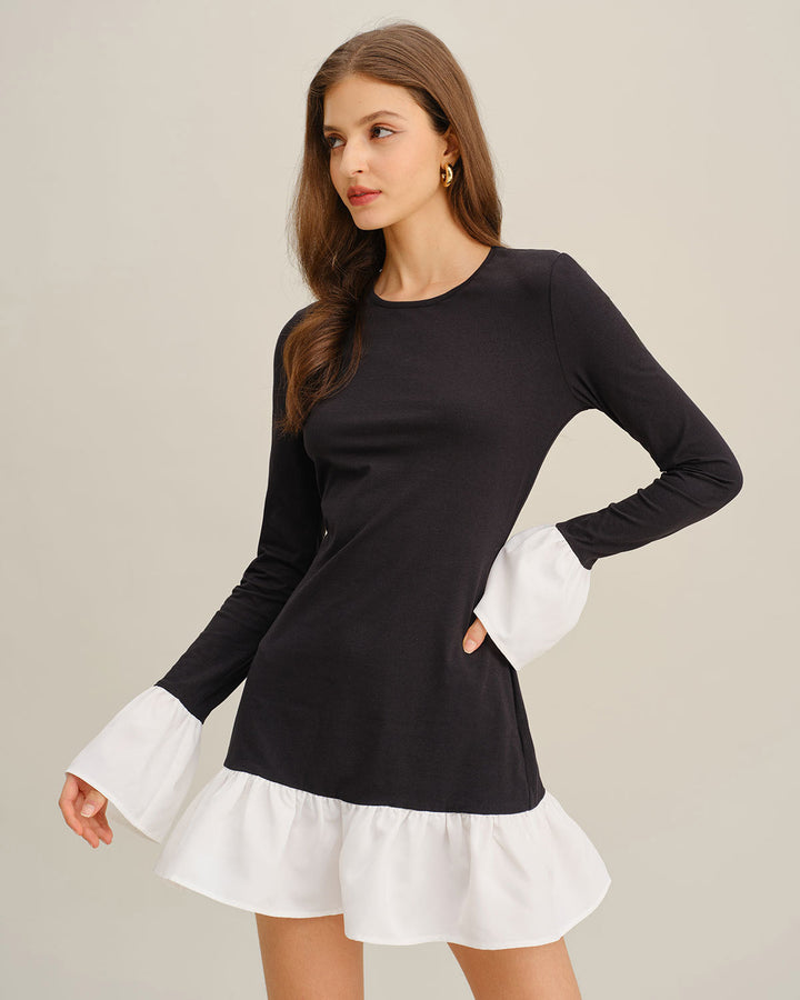 SALE | Black Contrasting A-Line Ruffle Mini Dress