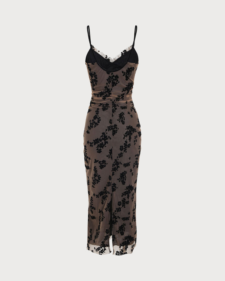 SALE | Coffee Floral A-Line Slip Midi Dress