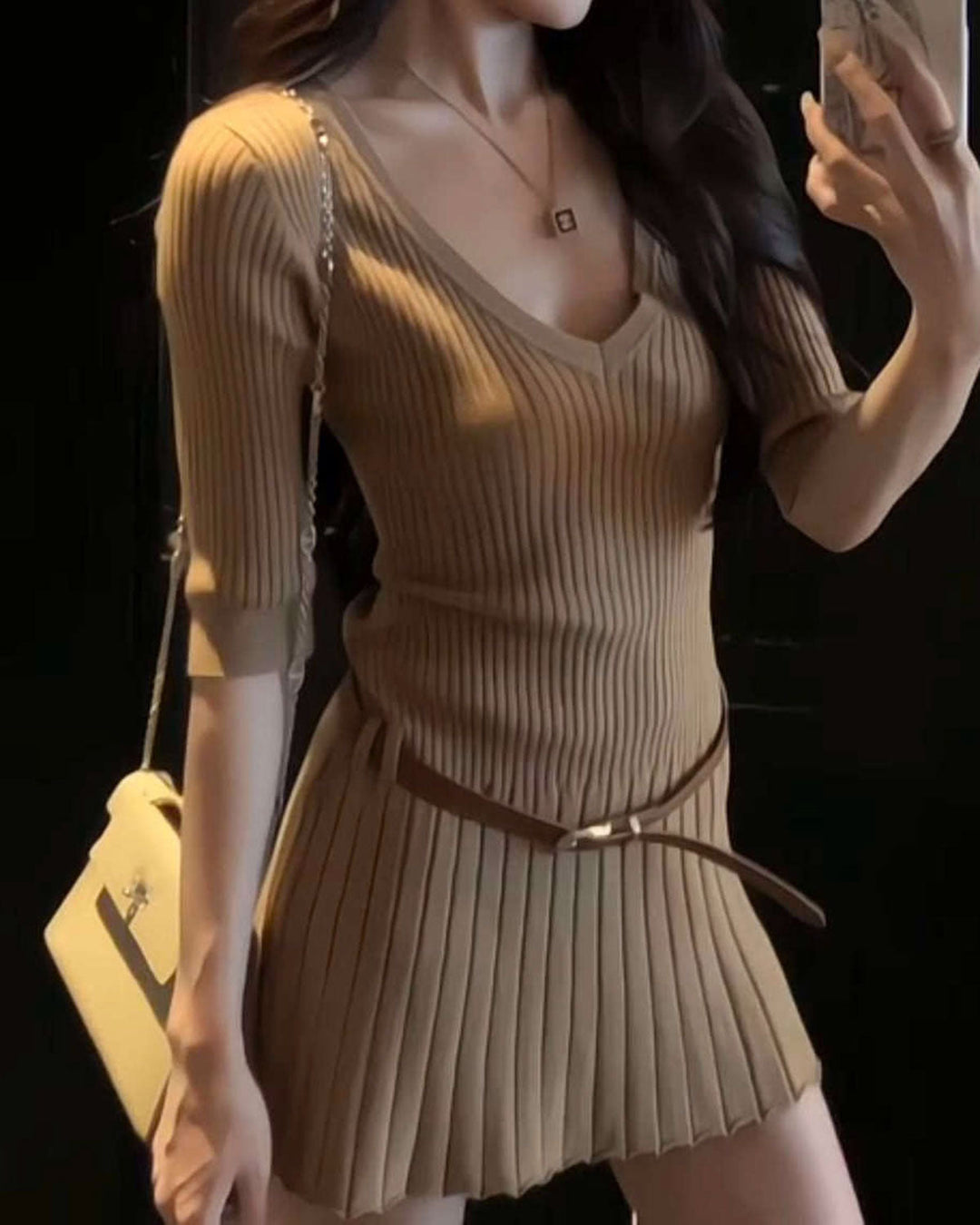 SALE | Khaki V Neck A-Line Sweater Dress