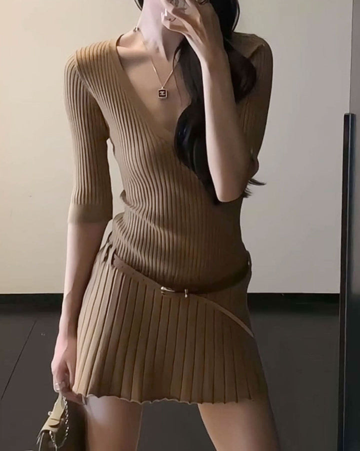 SALE | Khaki V Neck A-Line Sweater Dress
