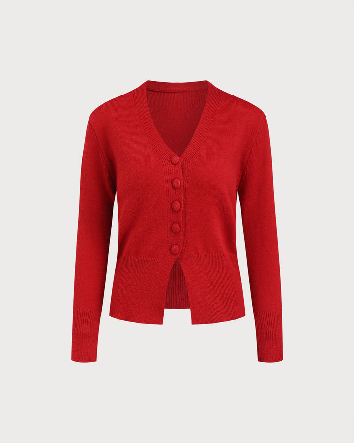 SALE | Red V Neck Slim Knit Cardigan